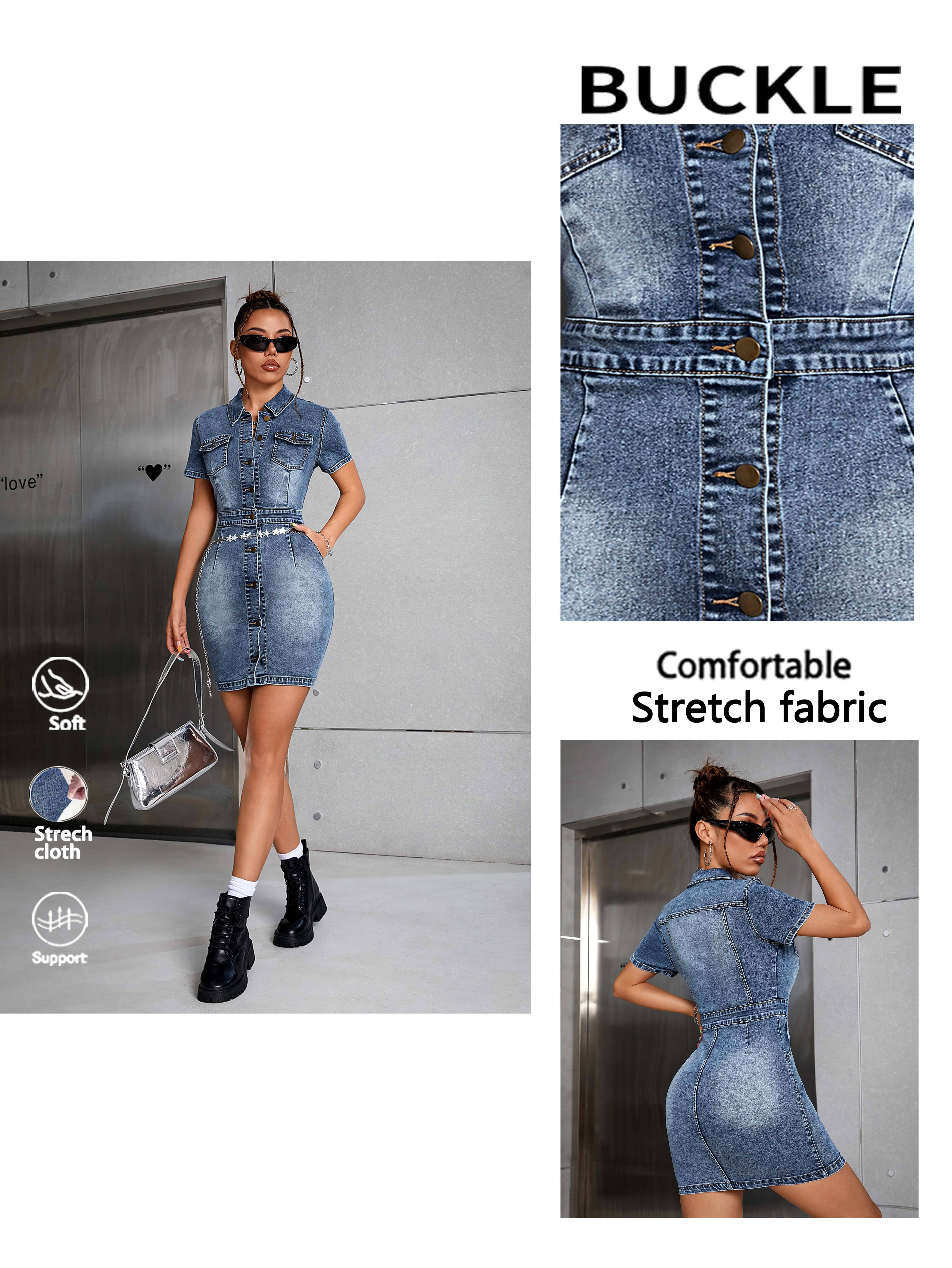 Fashionable Casual Washed Blue Snow Flower Women'S Denim Short Dress Elastic