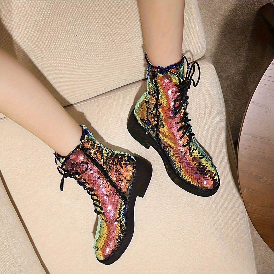 Womens Sparkly Glitter Boots Round Toe Sequins Boots Lace Up Chunky Heel  Platform Ankle Boots Dress Booties