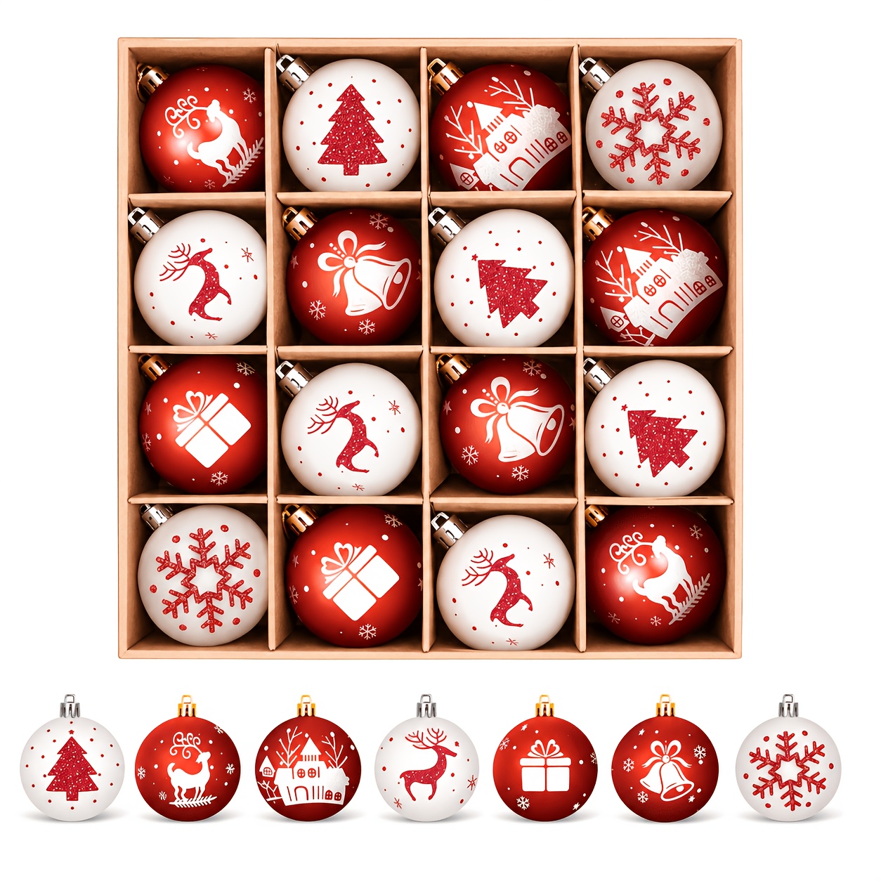 TEMU 16 pièces, ensemble de petites décorations de Noël en plastique rouge et blanc de 6 cm/2,36 pouces, petite décoration de sapin de Noël,