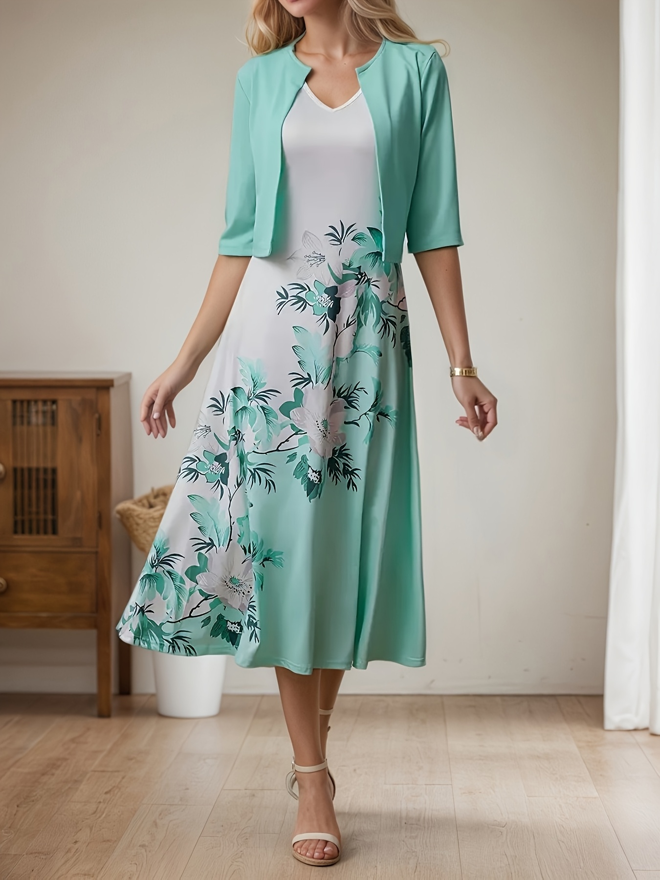 dress with cardigan set sold on Temu United States
