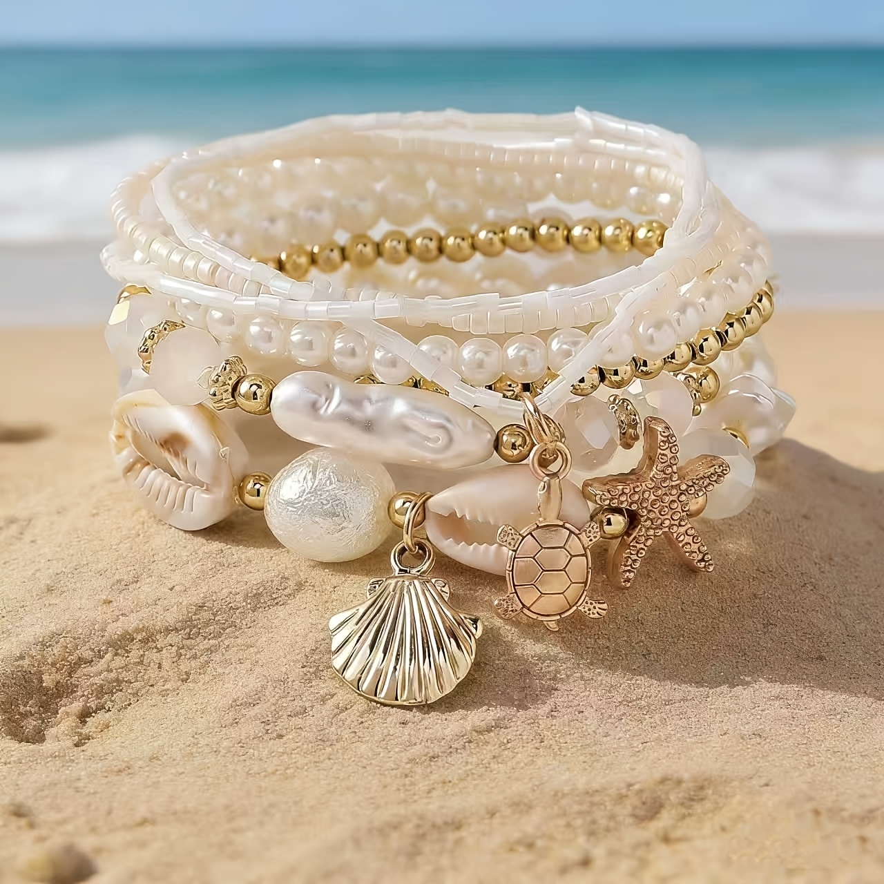 TEMU Juego de 7 pulseras bohemias para mujer con temática , de e de concha, adecuadas para usar en vacaciones en , fiestas y citas. Es un gran regalo