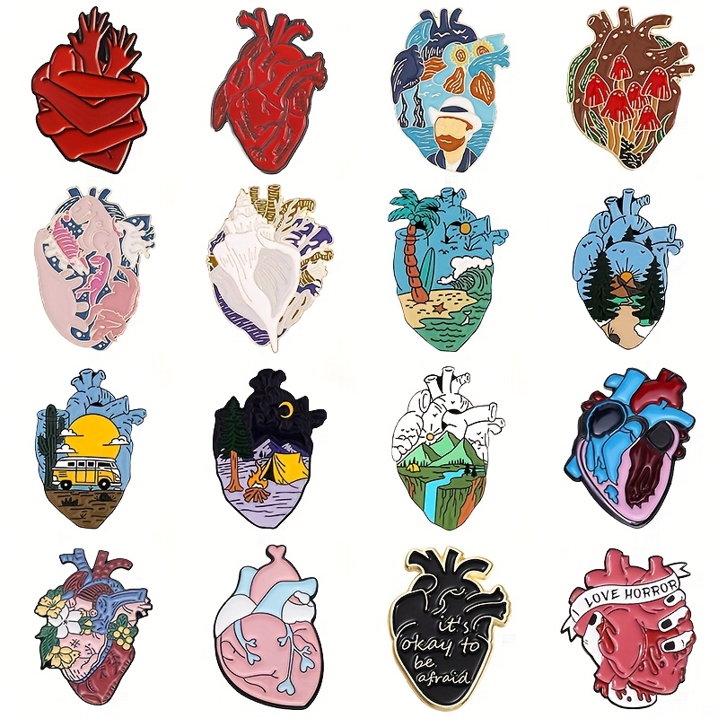TEMU 16pcs Metal Heart Shaped Brooches, Character Travel Scenery Pictures, Alloy Brooches, Clothes, Bags, Decorations, Badges, Gifts