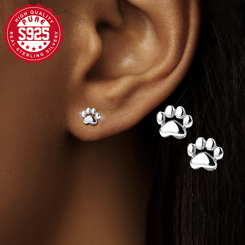 

1 Pair S925 Sterling Paw Stud Earrings, Cute Ear Studs For Women, Hypoallergenic Lightweight 0.7g, Pet Lovers, Daily & Vacation Wear, Christmas Gift, All Compatible