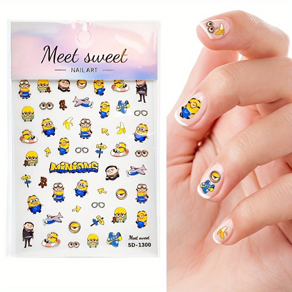 

1pc Minions " Sweet" Nail Art Stickers - Cartoon-themed, Self-adhesive Decals For Hands, Feet, Phone Cases & More - Plastic, Sparkle , Scent-free