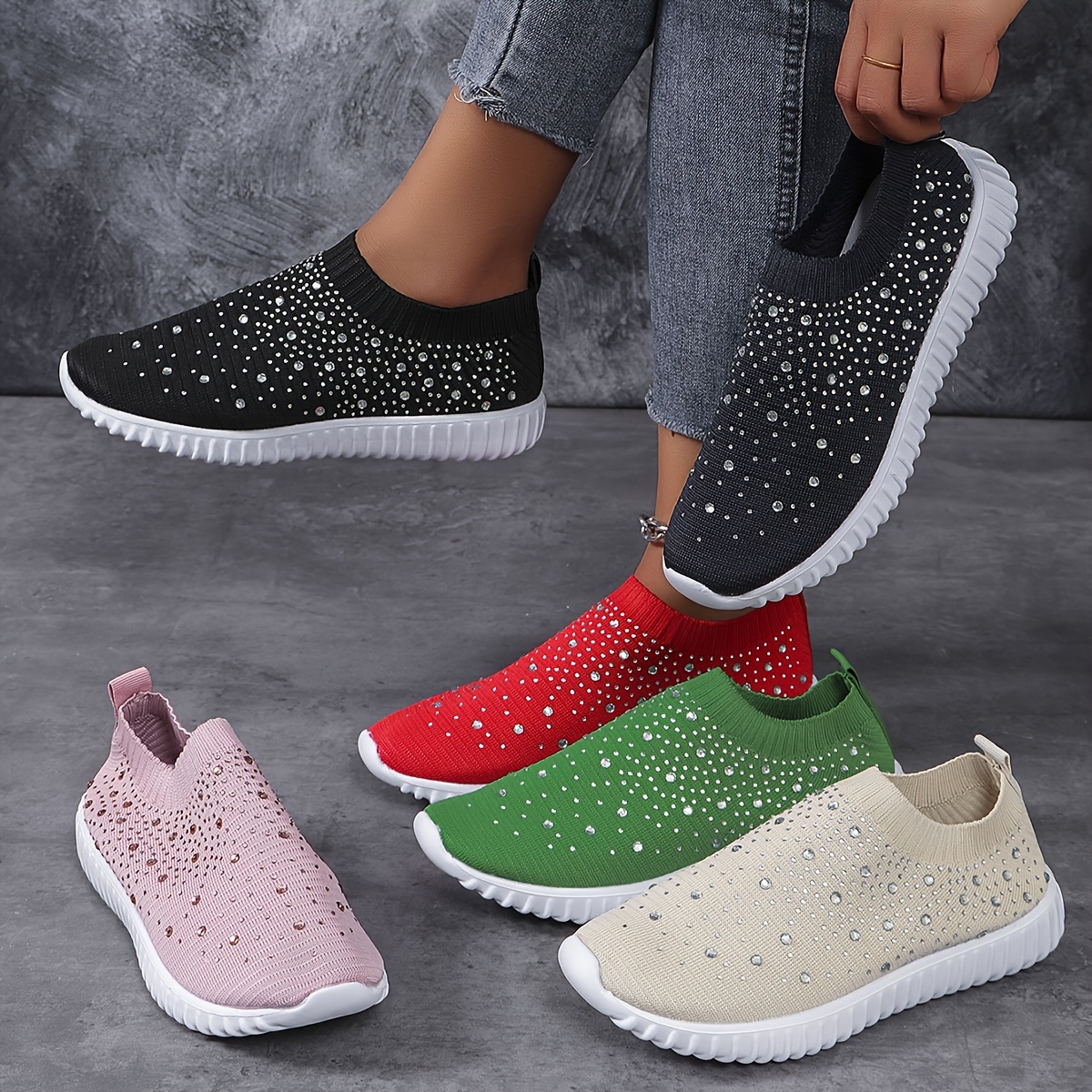 

Women's Walking Sneakers, Slip-on Shoes With Rhinestone Accents, Comfortable And Breathable Footwear For Outdoor Camping And Daily Wear