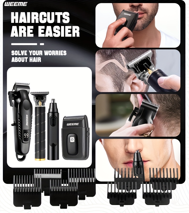  4pcs mens grooming kit rechargeable hair clipper set with nose trimmer electric shaver detail trimmer ideal fathers day gift supports usb charging 8limit combs valentines day gift Product details 0