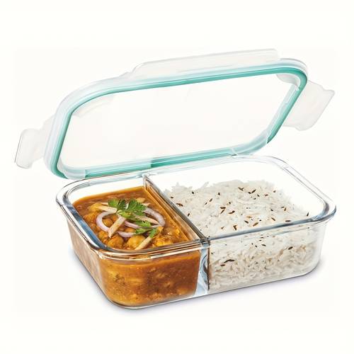2 compartment glass meal prep container with snap lock lid and sealing hinged cover durable dishwasher food storage container rectangular portion control container suitable for oven and freezer ideal for weight management