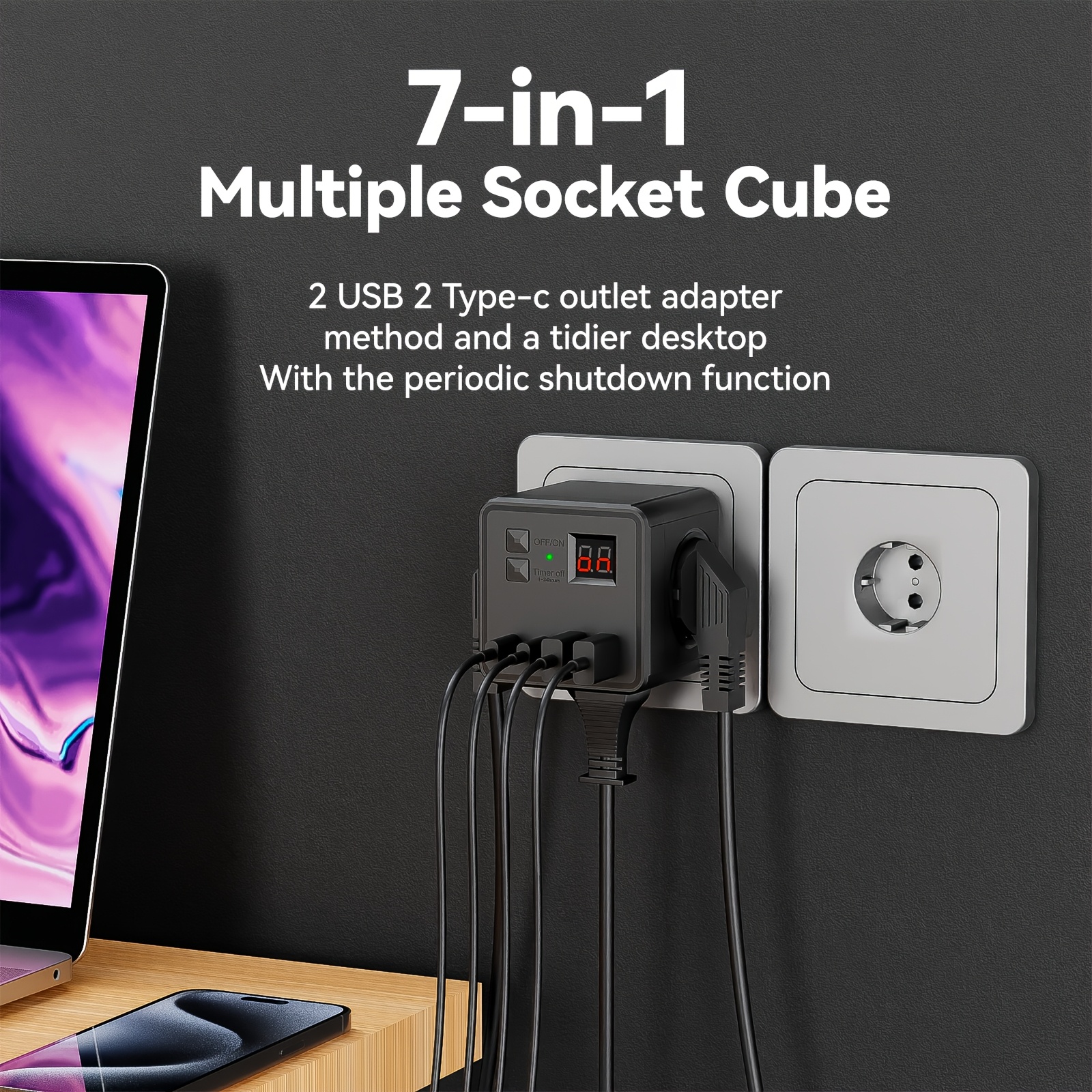 7-in-1 Multi-Socket Cube Surge Protector Power Strip, 3 AC Outlets, 2 USB & 2 Type-C Ports, Timer Function