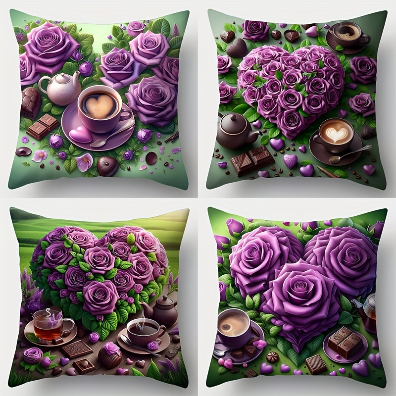 

Valentine's Day 4pcs Pillowcase Set, Purple Rose Design, 17.7" X 17.7", Single-sided Print, Sofa Lumbar Cover, Zip Closure, Polyester - Pillow Inserts Not Included