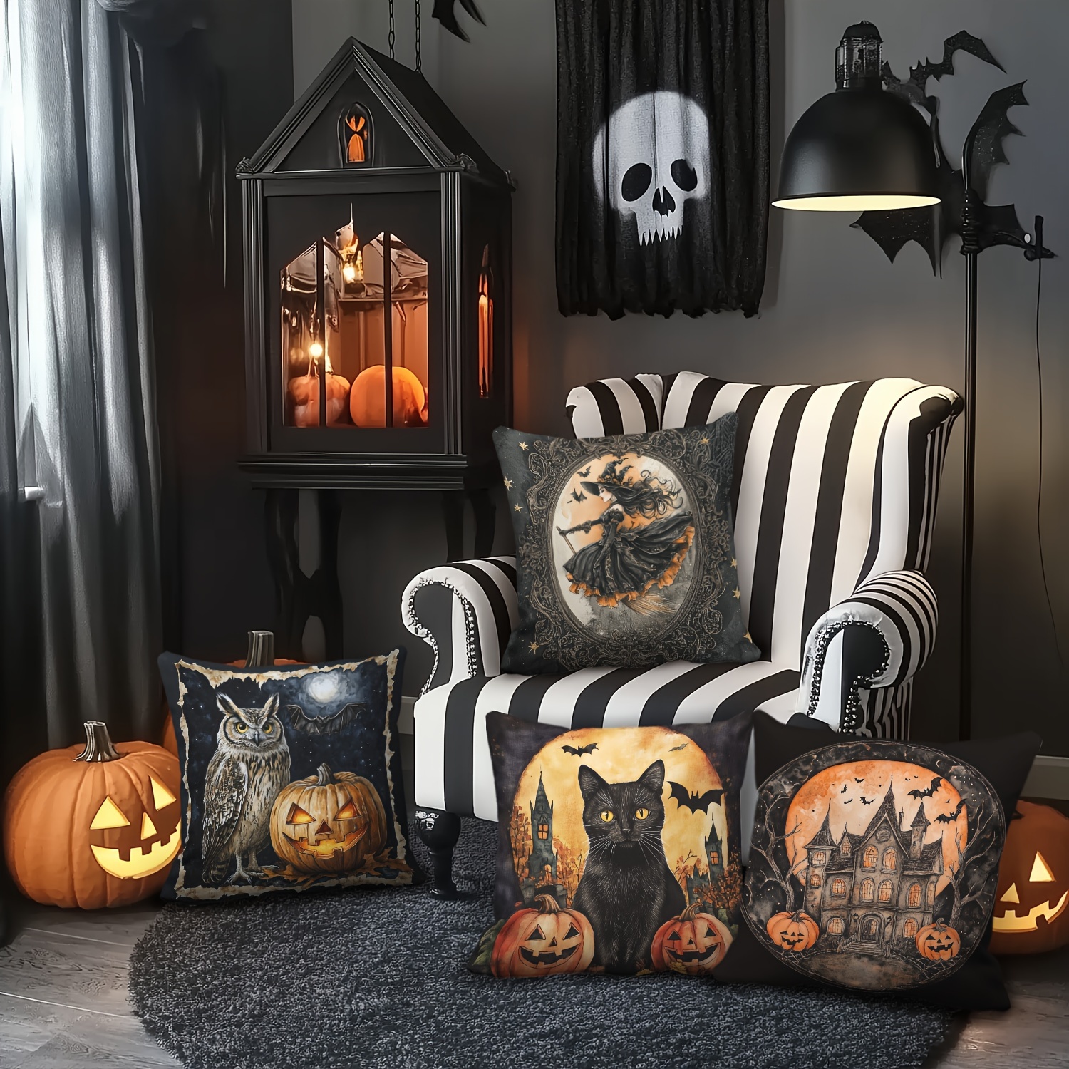 

4pcs Halloween Pillow Cover Set - , Pumpkin, Black Cat & Haunted House Designs - 18x18 Inch Zippered Polyester Cushion Cases For Sofa & Bed Decor - Machine Washable