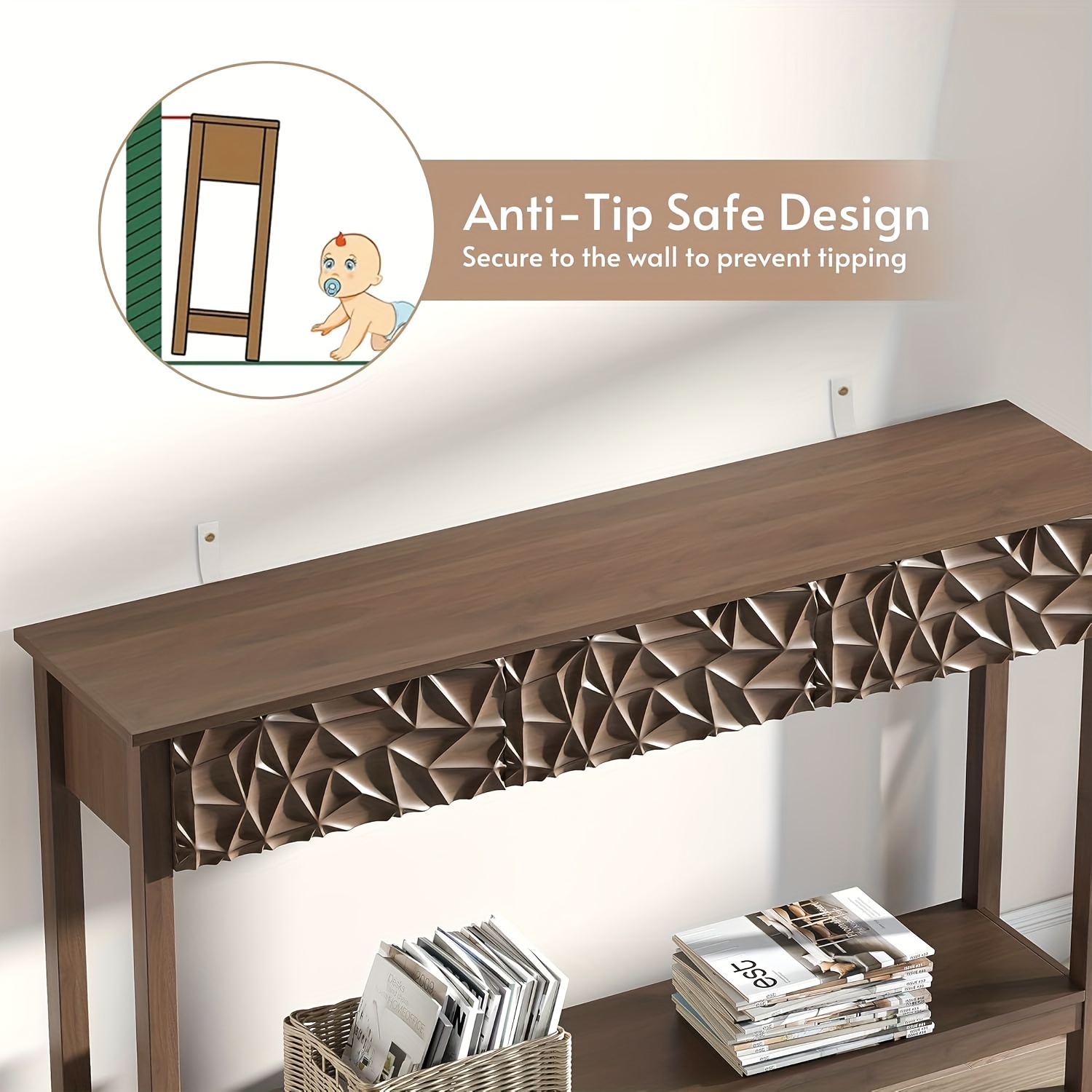 Kinder King 51 Inch Modern Console Table Farmhouse Entryway Table with 3 Drawers Narrow Wood Entry Way Table with Open Storage Shelf Long Sofa Table Behind Couch for Hallway, Foyer, Living Room, Walnut