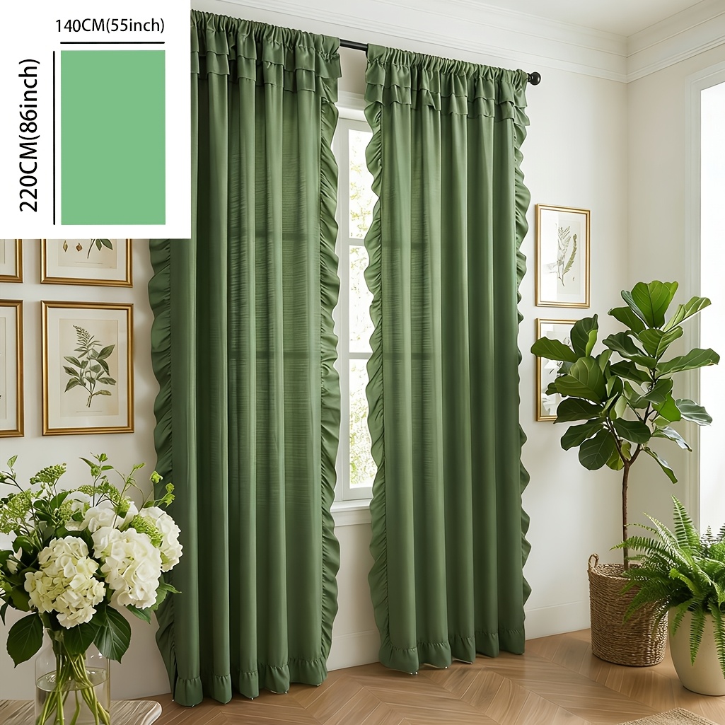 TEMU 1 pièce Rideau de style français à volants, couleur unie -vert, style crème de chambre à coucher, à pans avec passe-tringle en dentelle