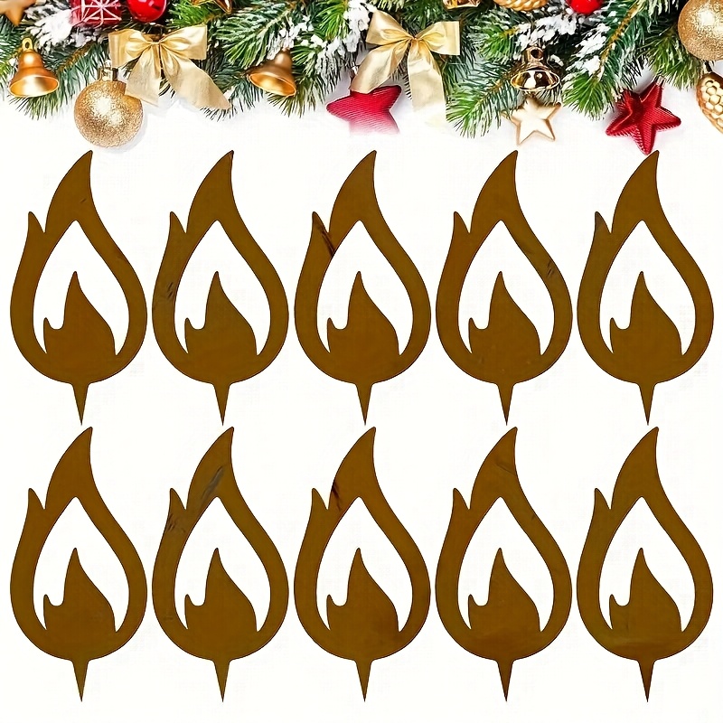 10pcs Set Realistic Flame Garden Stake Decorations - Large 10cm X 5cm Iron Flickering Flame Stakes, Rustic Outdoor/indoor Christmas Tree & Seasonal Holiday Party Decor, Installation (no), For
