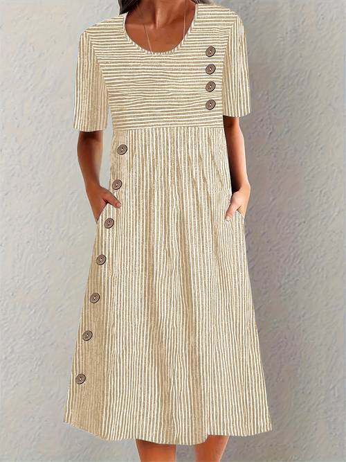 item picture new summer round neck striped pocket short sleeve dress for women casual and elegant