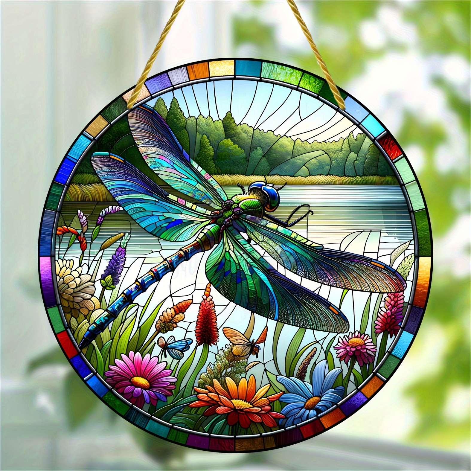 

1pc, Dragonfly Suncatcher, Stained Window Hanging, Acrylic Sign, Floral Wreath Decor, Round Plaque (6"x6"/15cmx15cm), Door Porch Wall Art, Home & Room Decor, Faux Wood Material