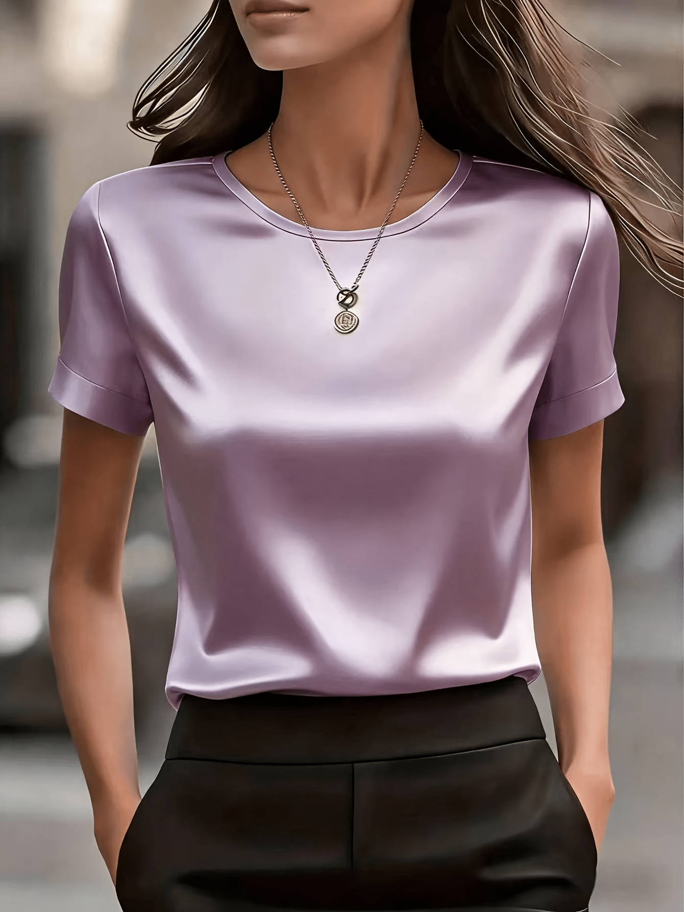 camiseta elegante de color liso para mujer, de corte entallado, formal para  
