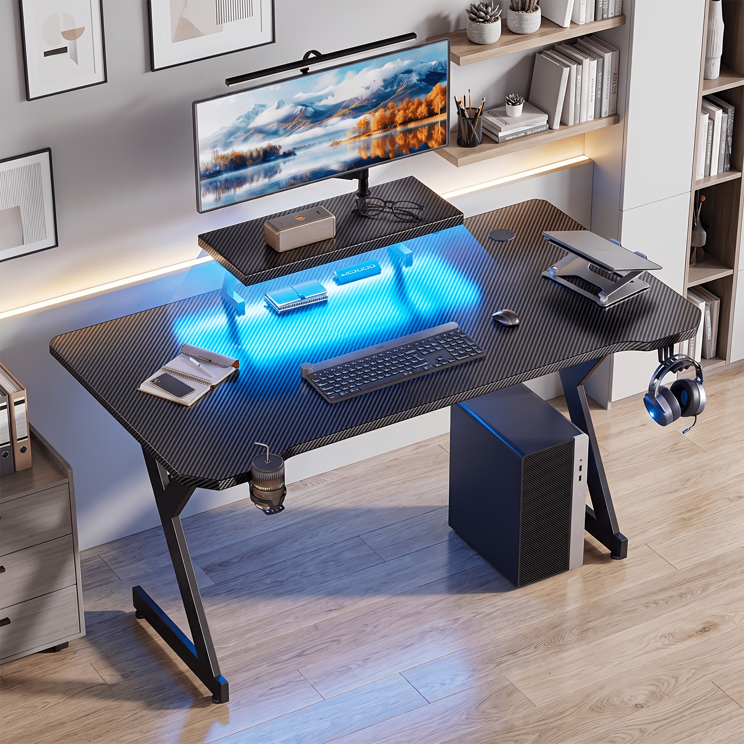 Image of Desk Legs Carbon Fiber Multifunctional Computer Desk; Ergonomically Designed Office Table With Monitor Mount, , Headphone Holder, And Cup Holder; Suitable For Offices, , And