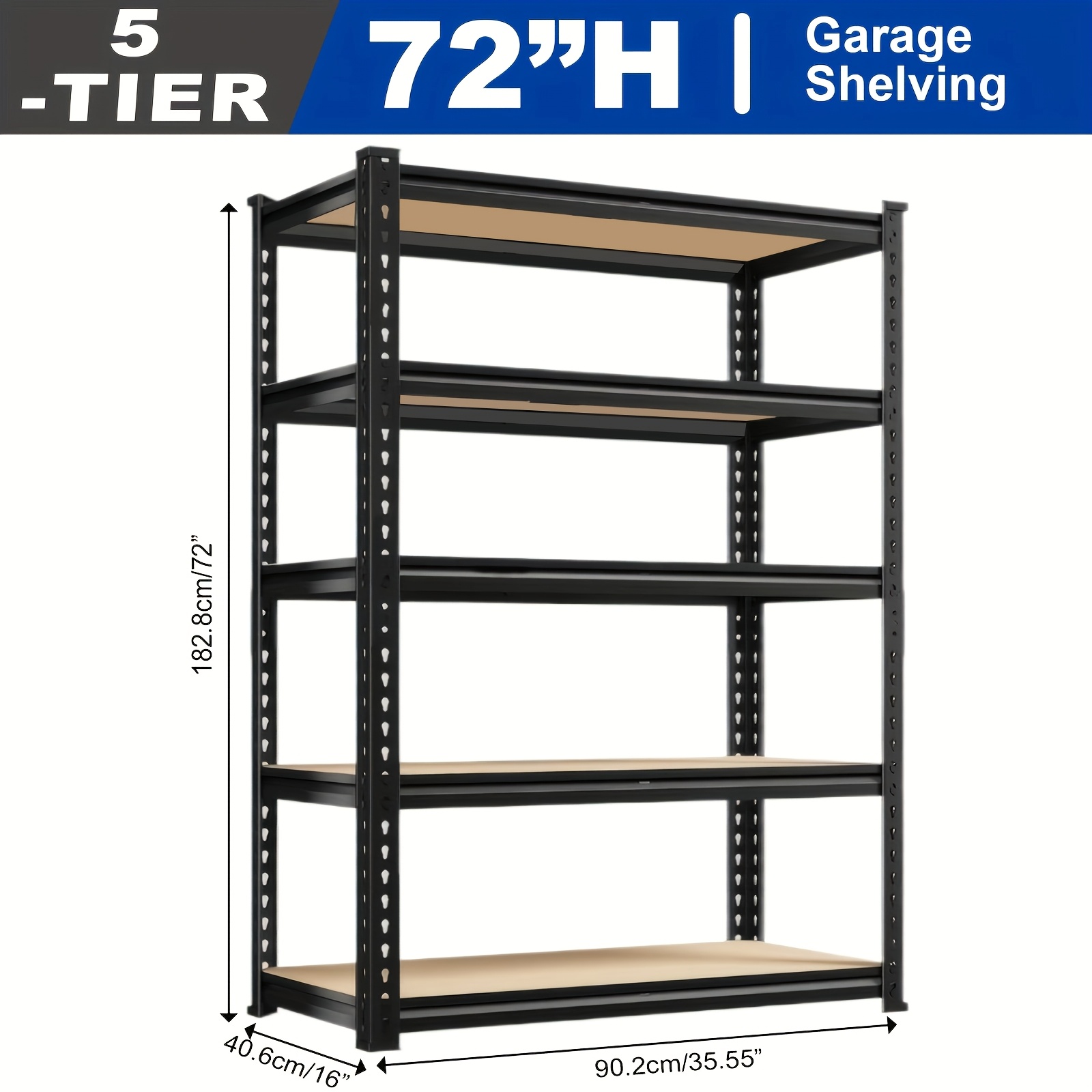 Heavy Duty 5-Tier Metal Shelving Unit 72" H, 2000 lbs Capacity, Adjustable Garage Storage Rack, Black