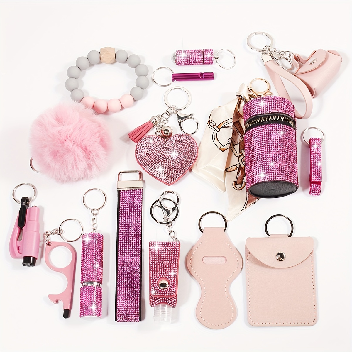 

15pcs Women's Rhinestone Safety Keychain Set - Keyring With Storage Pouch And Fluffy Pom Card Holder Accessories Kit