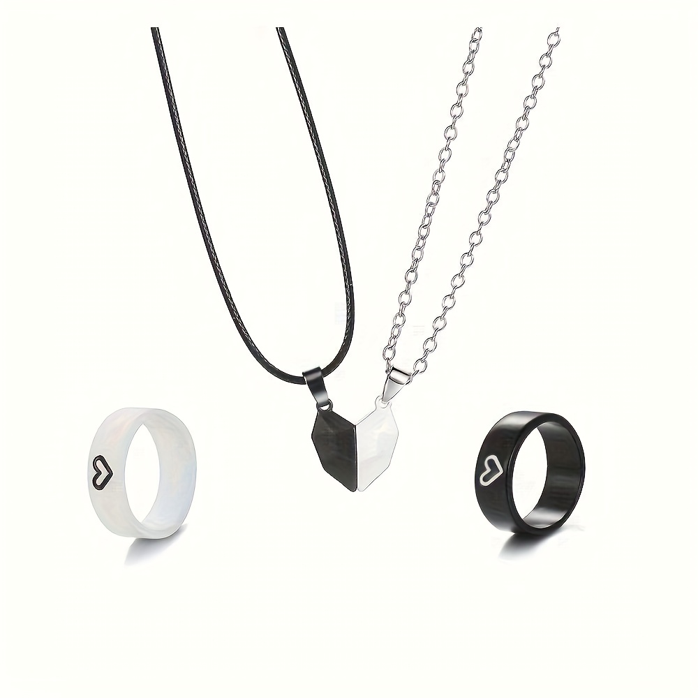TEMU Conjunto de 4 piezas de anillos de pareja y negro de y collar de pareja