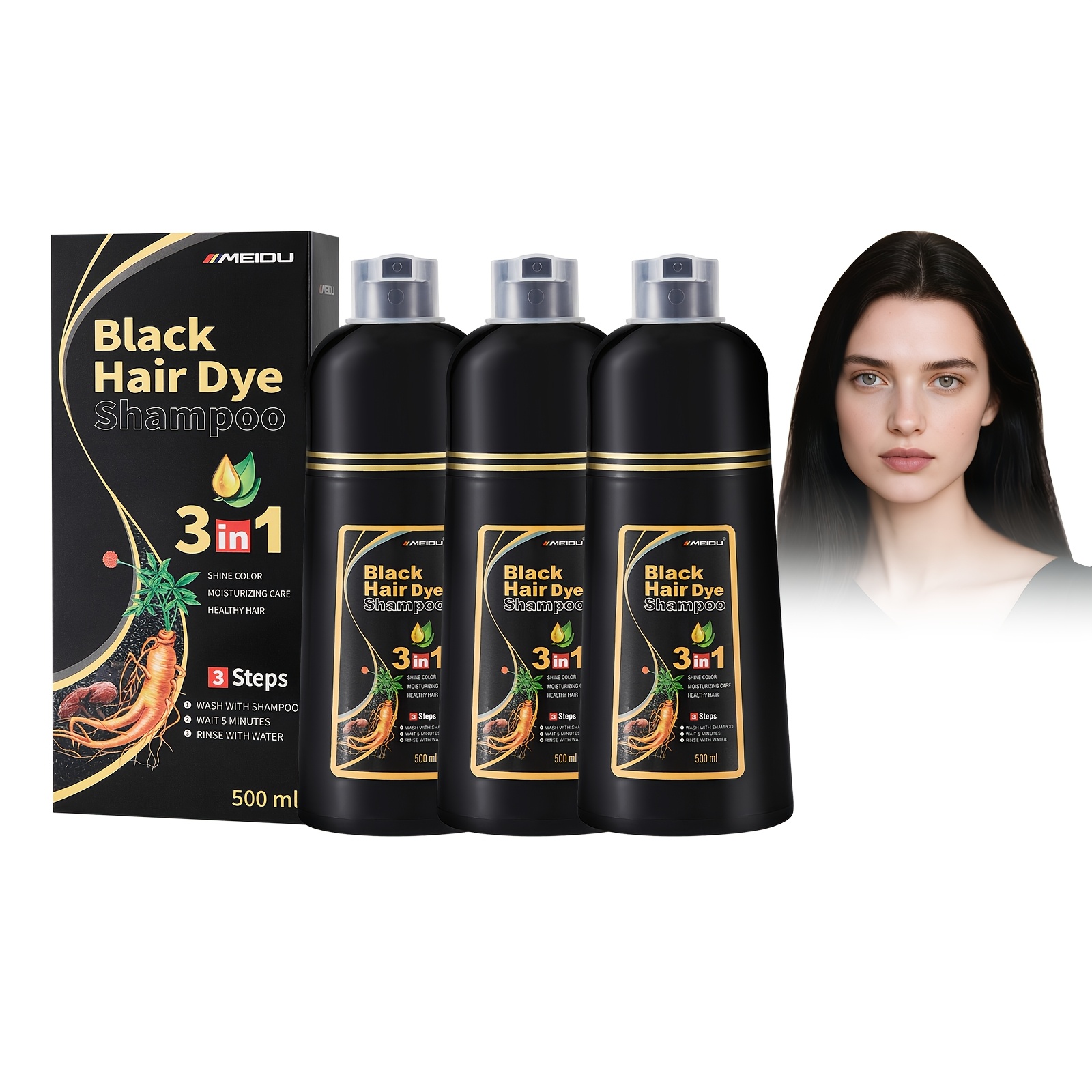 Image of Meidu 3pcs Black Hair Color Shampoo For Gray Hair, Instant Hair Dye Shampoo, Hair Coloring In Minutes, Natural And Long-, Hair Dye Shampoo For Men And Women, 500ml X 3