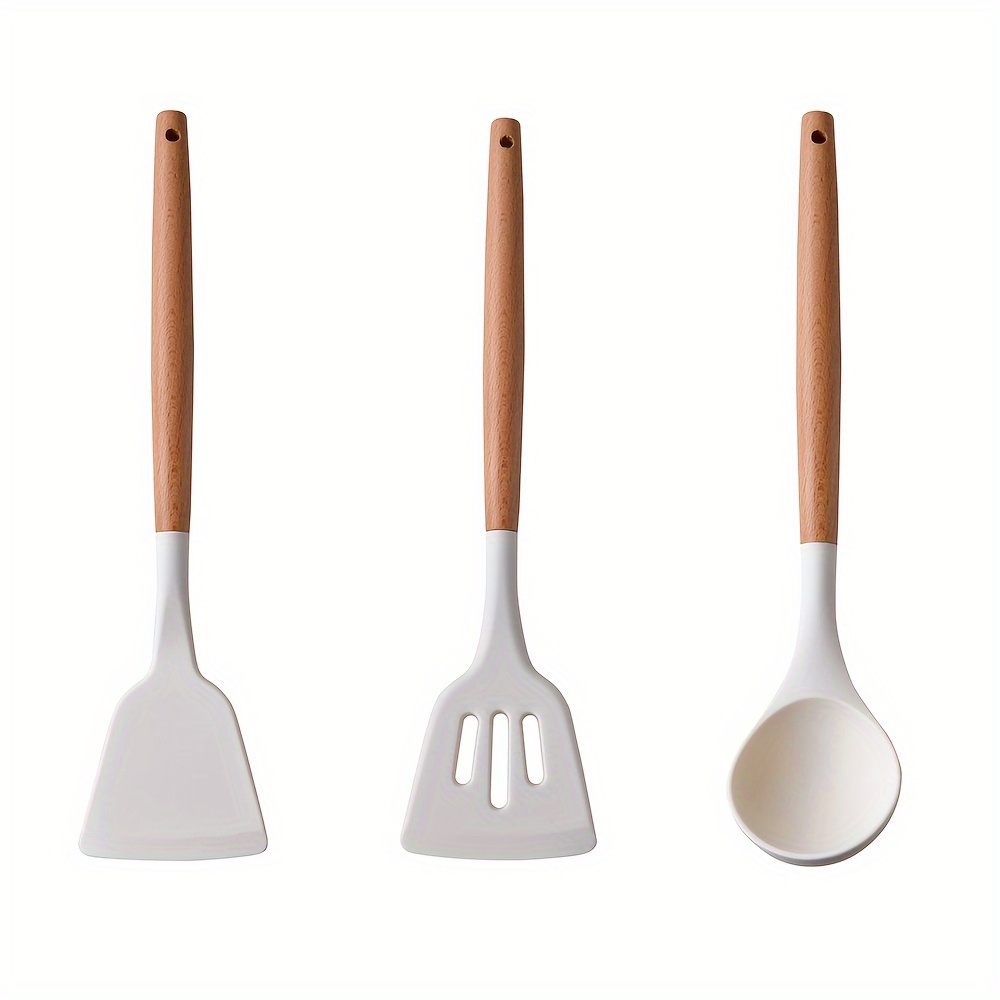 

3-piece Silicone Kitchen Utensil Set - Non-stick, Heat Resistant Spatula & Ladle With Wooden Handle For Cooking And Baking