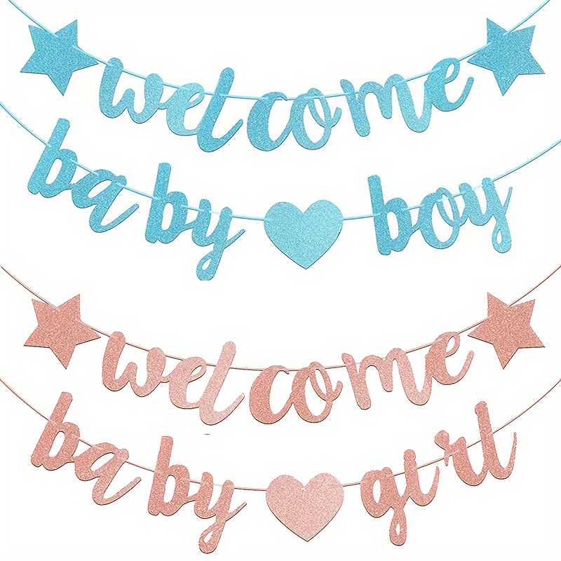 

Baby Shower Welcome Banner: 'welcome Baby Boy' Glitter Paper Letters With Star Decorations - Gender Reveal Parties