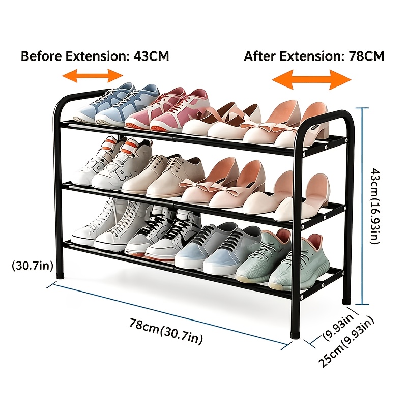 TEMU 3-layer Expandable Black All Metal Shoe Rack | Adjustable Heavy-duty Metal Shoe Storage, Suitable For Installation In Entrances And Dormitories,