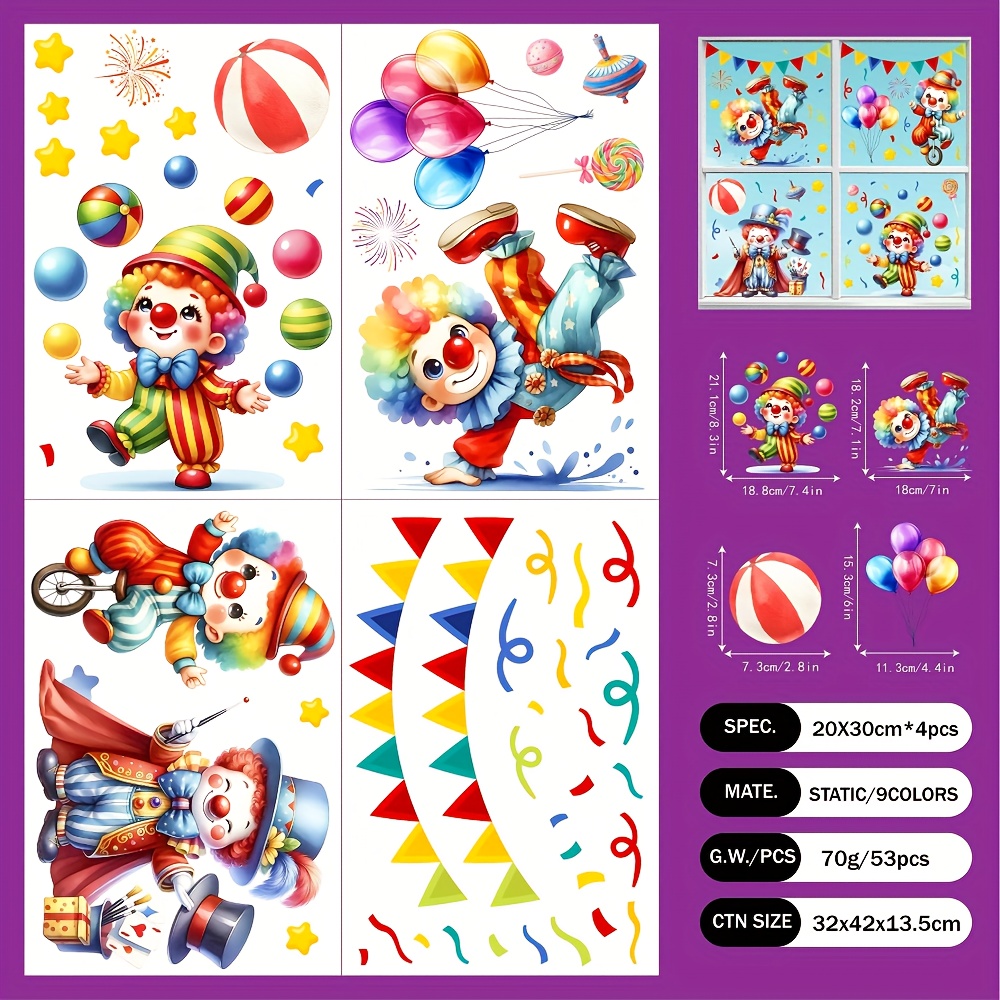 Image of Set Of 4 Cartoon Clown Performance Window Clings Window Decoration Static Stickers