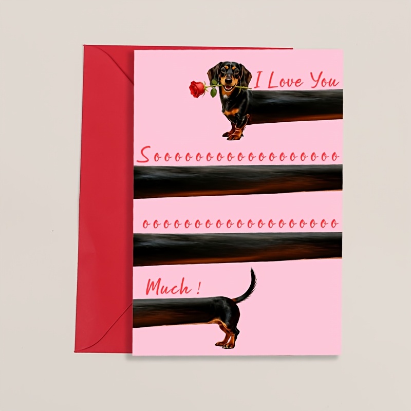 TEMU 1 Tarjeta de Felicitación de San Valentín con un Adorable Perro Salchicha Sosteniendo Rosas, Tarjetas Románticas para Aniversario y , con el