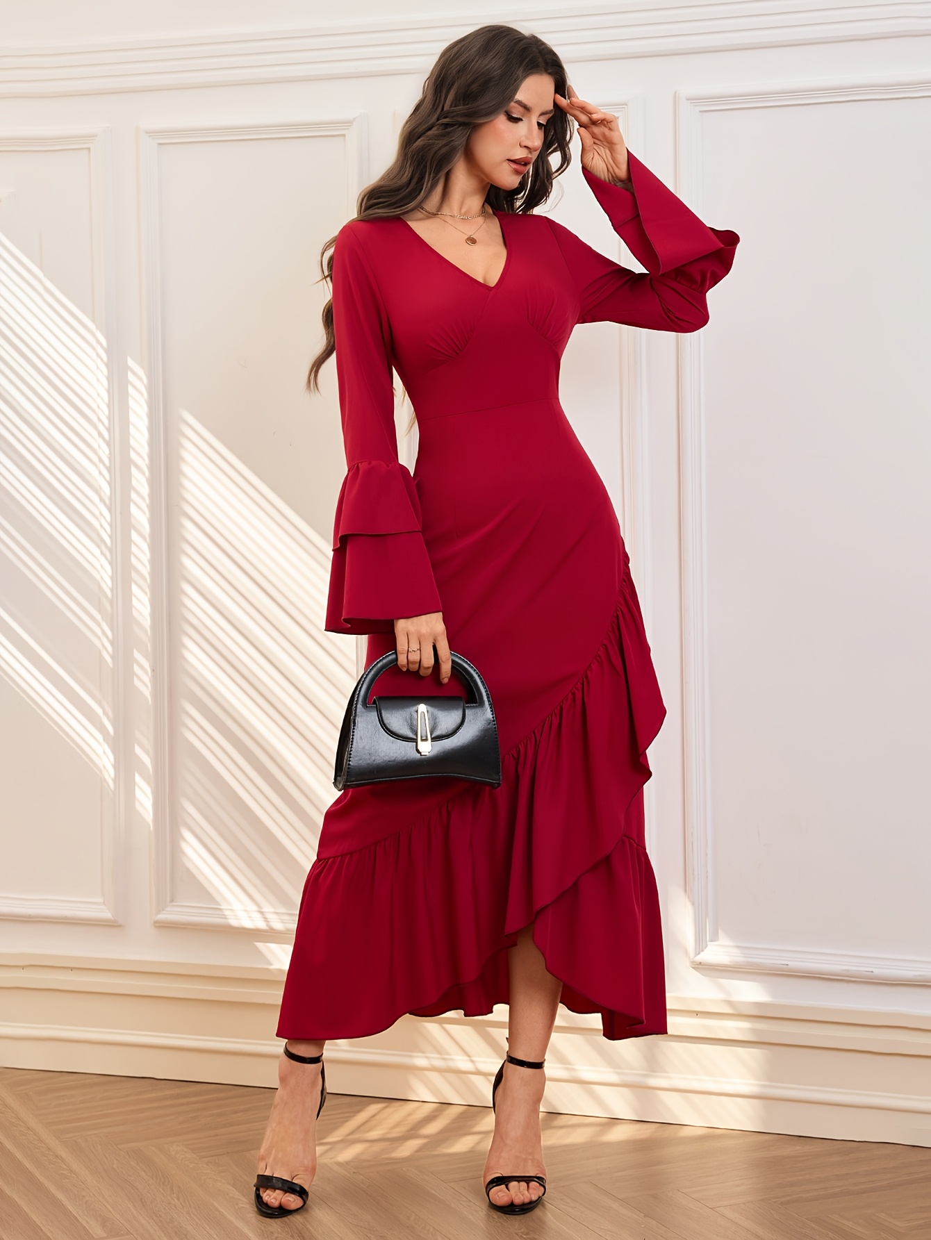 womens elegant v neck long sleeve maxi dress - Temu Pakistan