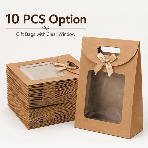 10 30pcs elegant paper gift bags with transparent windows and sturdy brown cardboard back standing design rounded corners and rope closure brown cardboard box suitable for packaging birthdays weddings