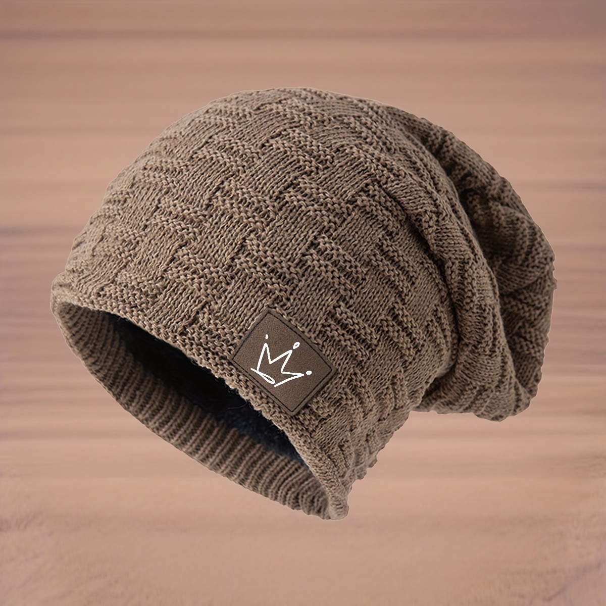 TEMU Men's & Women's Winter Warm Fleece-lined Beanie Hat - Thick Stretchy Knit With Crown Emblem, Brown/ - Machine Washable Cold Weather Hat For ,
