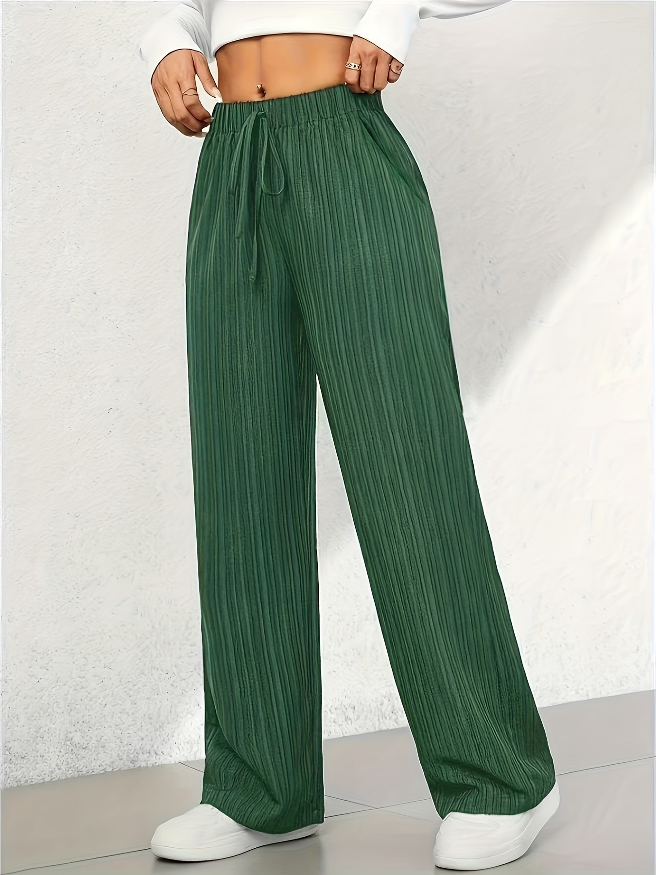 womens elegant straight leg trousers with tree grain wrinkle texture micro stretch fabric featuring a comfortable elastic waistband with drawstring detail and side slant pockets suitable for  