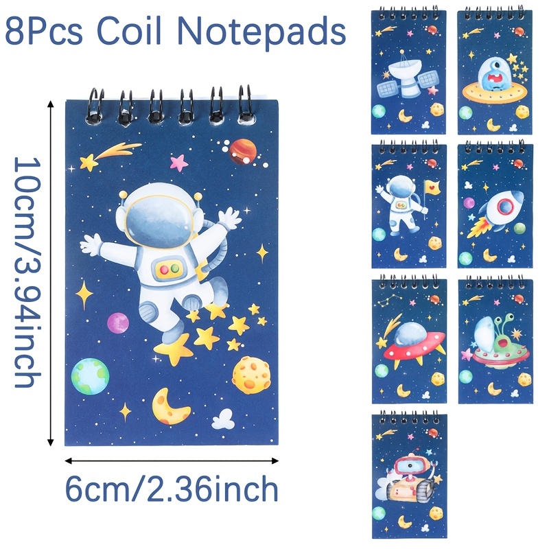 Image of 8pcs, Space Theme Coil Notebook, Spiral Coil Notebook, Blue Spaceship Astronaut Pattern Coil Notepad, Baby Shower Party Decor, Birthday Party Supplies, Party Gifts, Space Theme Party Favors