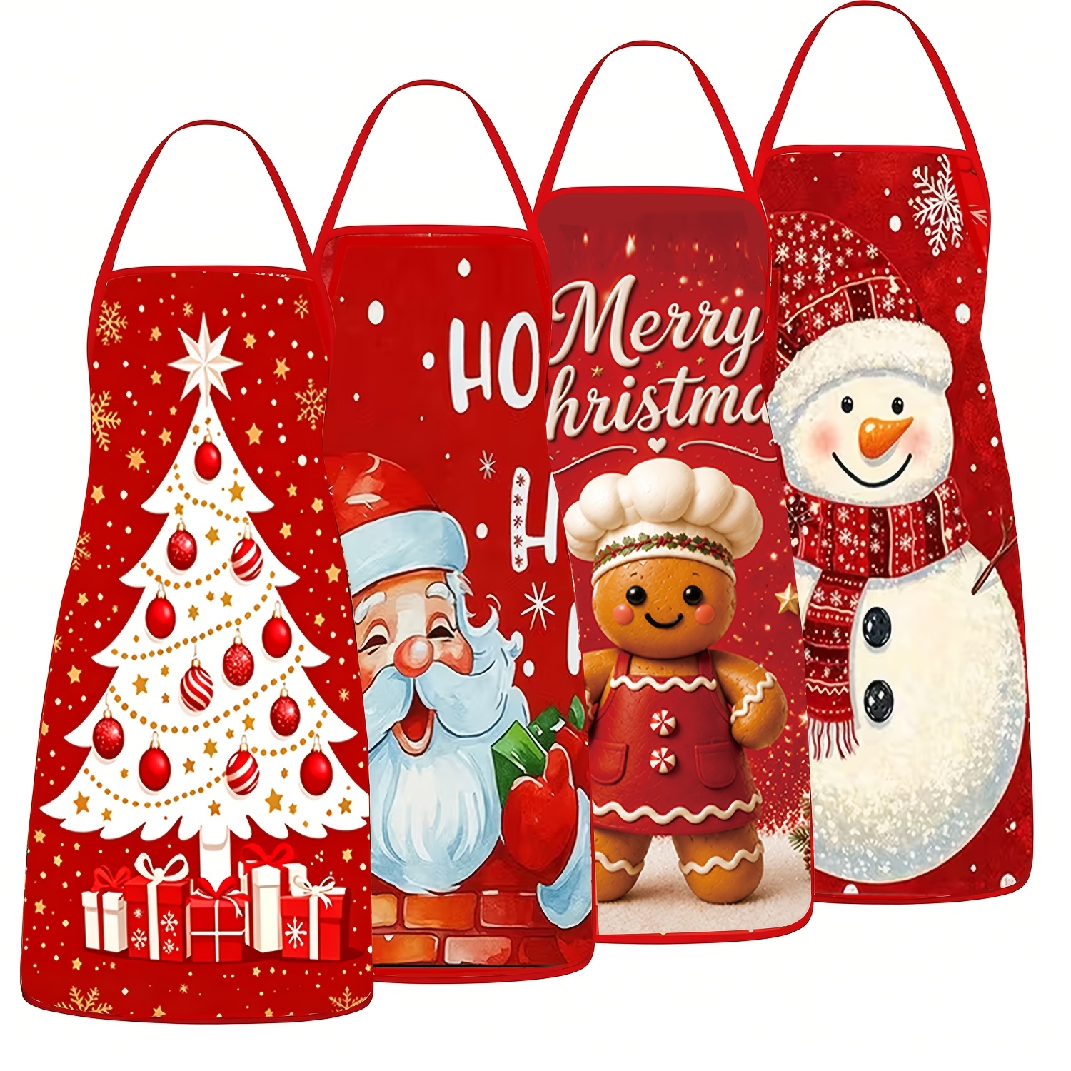 TEMU 4pcs Christmas Themed Aprons, 20.5x28.3 Inches, Christmas Tree And Santa Claus, Gingerbread Man And Snowman Decorative Aprons, Holiday Men's And