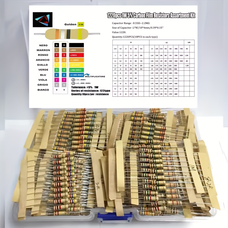 1220pcs 10pcs per value 1w 5 carbon film resistor caps values 0 33 2 2  electronics use 5 tolerance high reliability for diy hobbyists professional packaging