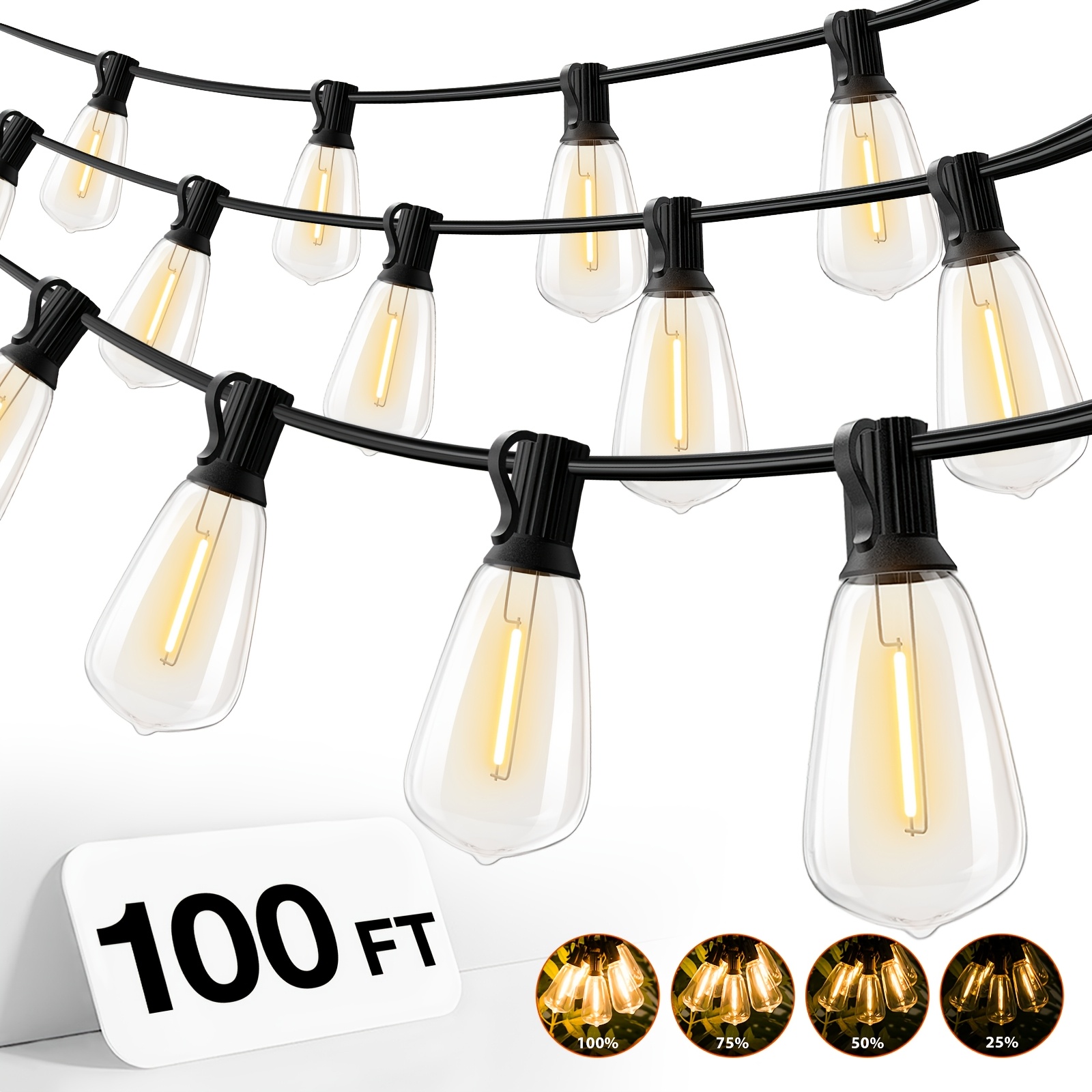 TEMU Ip54 Waterproof Led Outdoor String Lights, Dimmable And , Shock-resistant St38 Bulbs, 2200k Warm White, Suitable For Gardens Backyards Pubs