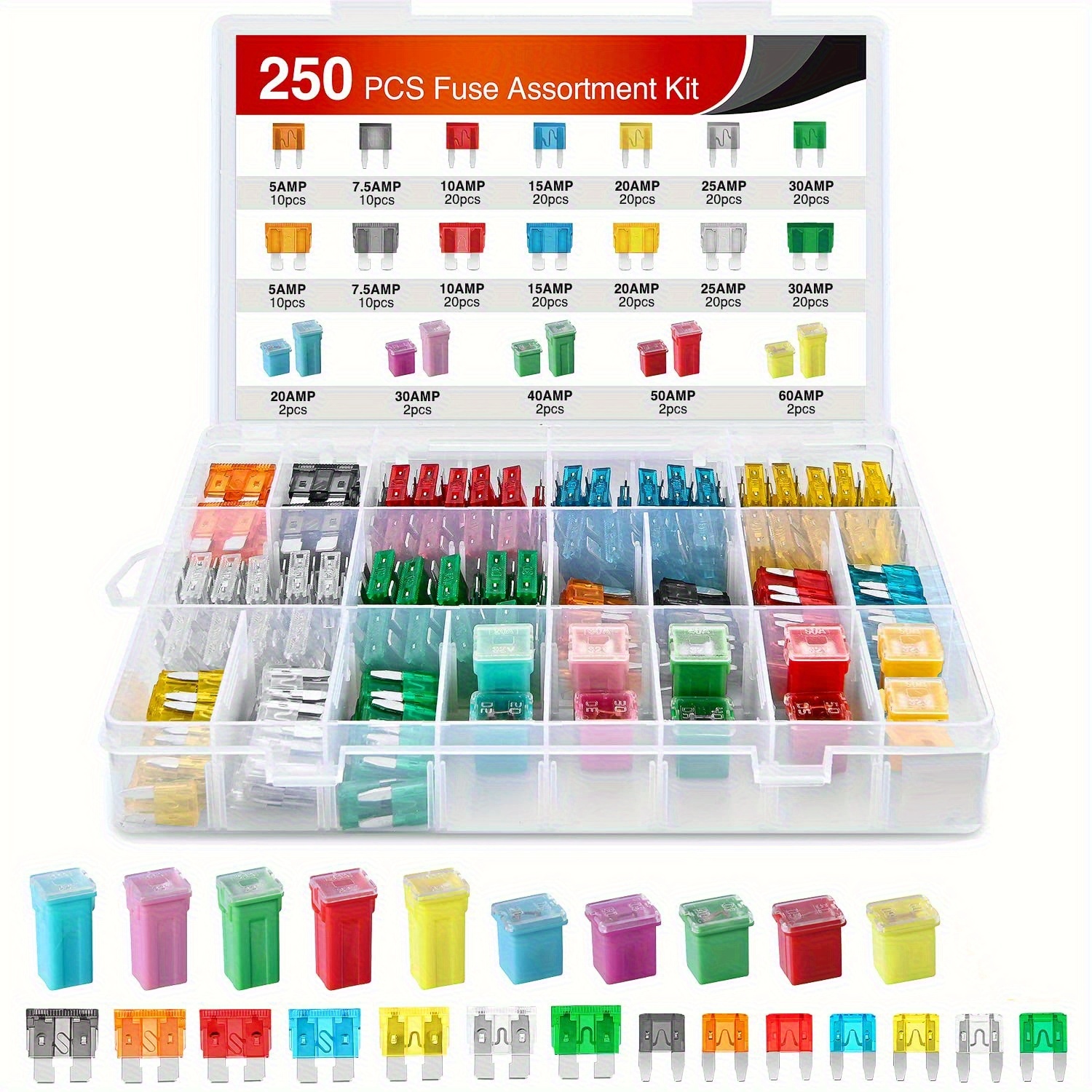E-shop 250-teiliges Sicherungssortiment-Set mit Kasten, Flachsicherungen, J-Cover-Autosicherungen, 5A 7.5A 10A 15A 20A 25A 30A,