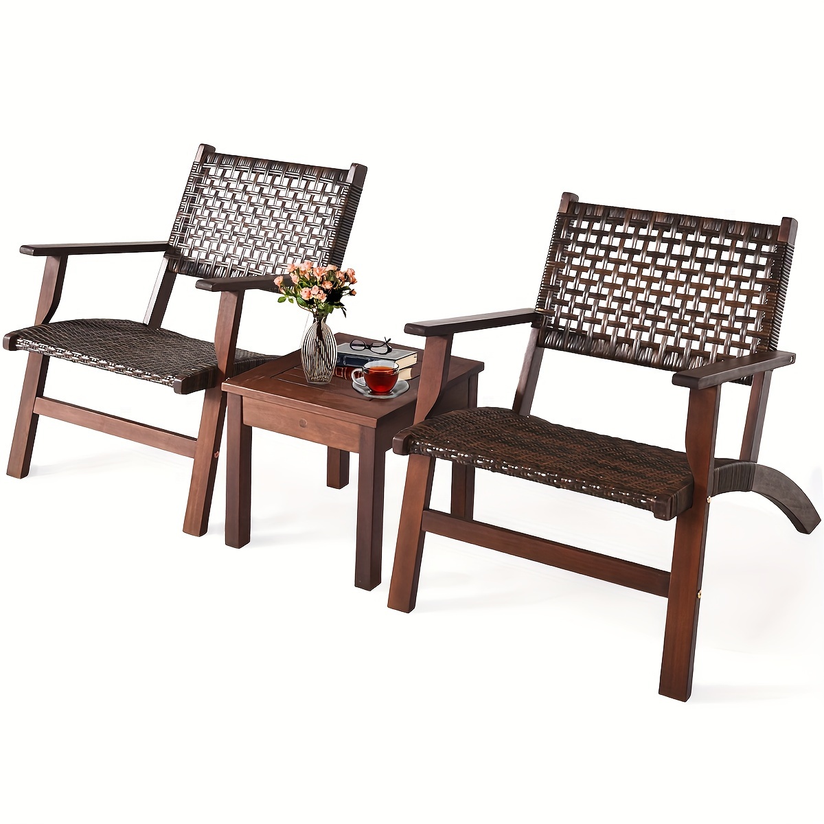 

Costway 3pcs Outdoor Patio Rattan Furniture Set, Solid Wood Frame Chair And Coffee Table