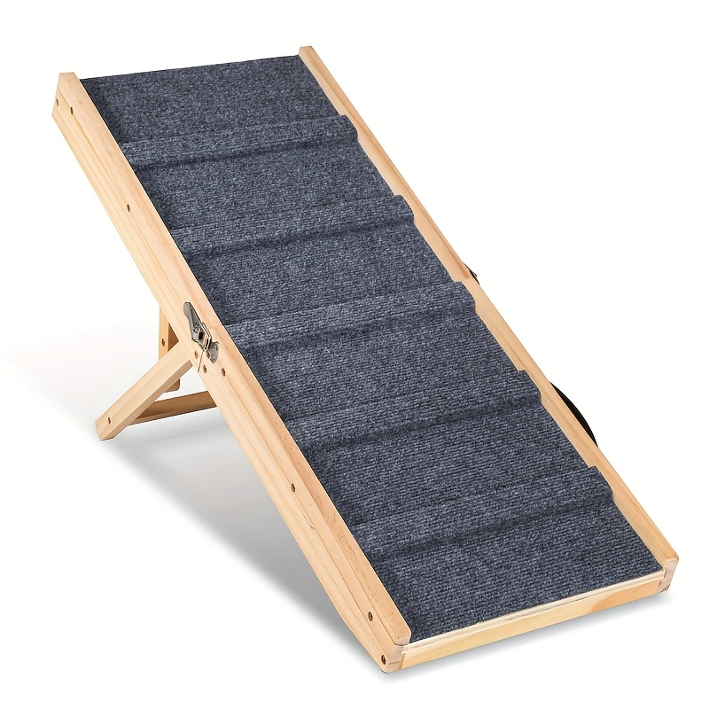 Adjustable Height Pet Ramp With Non-slip Mat - Foldable Ladder, 19.5-41cm Height Adjustment, 55 Lbs Capacity, Sturdy Wooden Construction