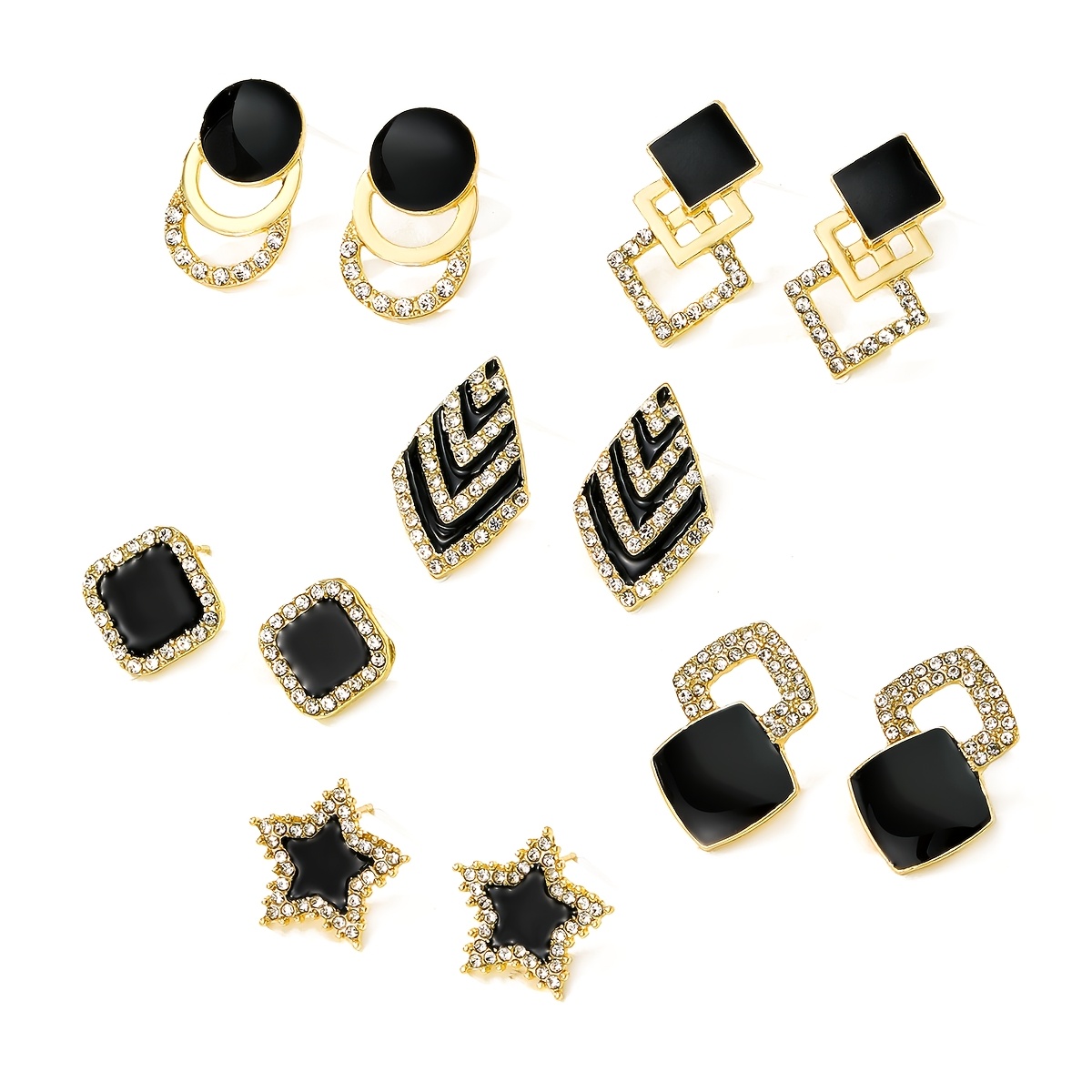 TEMU 6 Pairs/12pcs Retro Fashion Black Oil Geometric Square Star Rhinestone Stud Earrings Set Women's Elegant Temperament Daily Commute Party