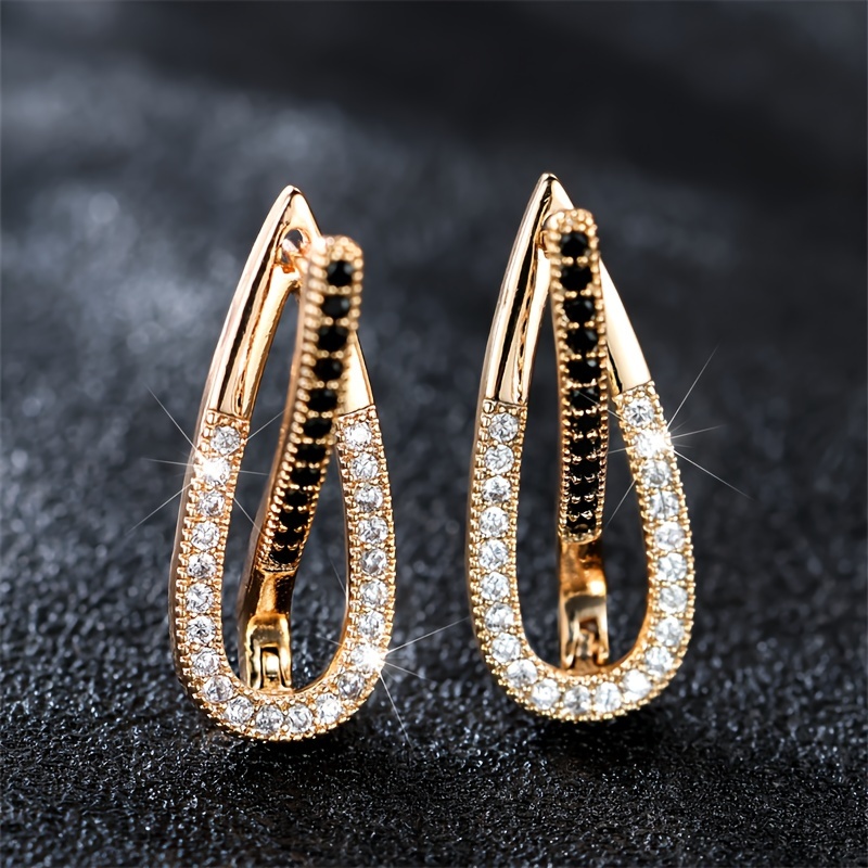 TEMU Elegant Black White Zirconia Earrings For Women Golden Color Geometric Earrings Party Personality Jewelry Gift