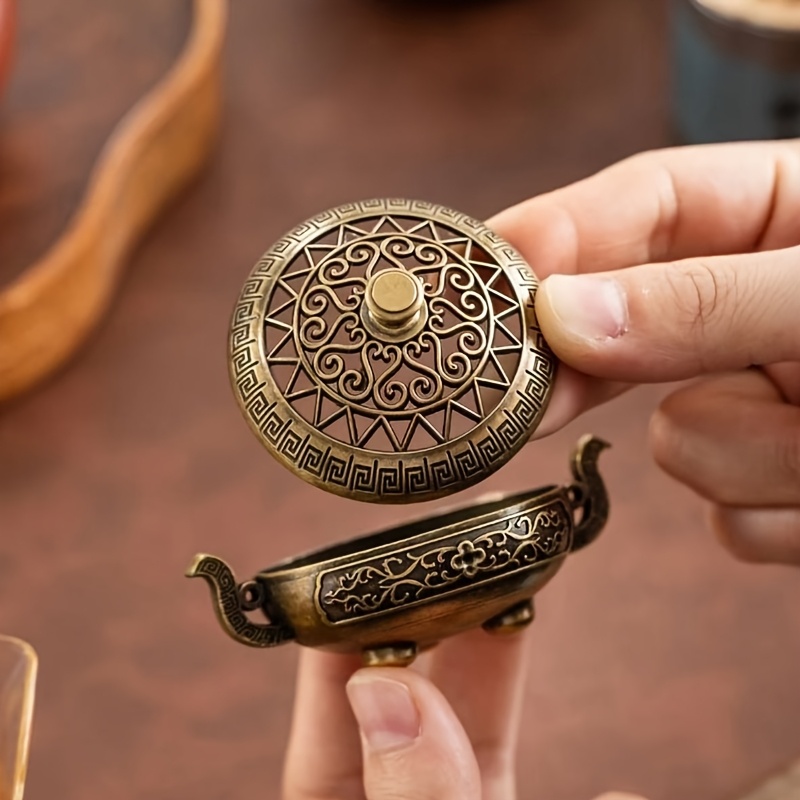 TEMU Vintage Incense Holder Brass Color Incense Holder With Intricate Metal Carvings - Retro Vintage For Ceremony, Yoga Meditation, Ramadan, Bedroom