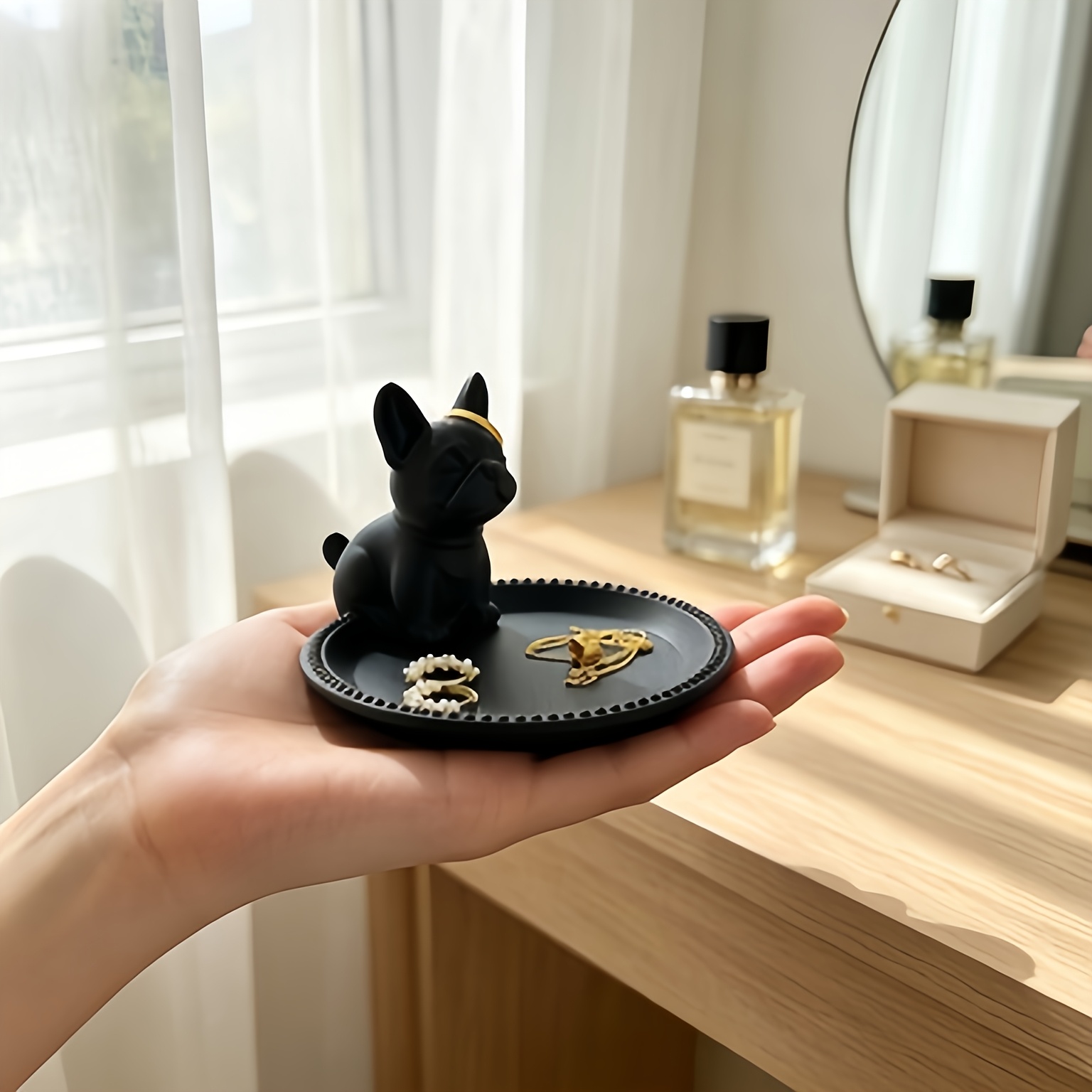 Image of 1pc French Bulldog Jewelry Tray, Matte Black Jewelry Tray, Dressing Table And Bathroom Vanity Decorative Jewelry Tray, Dog Sculpture Organizer Valentine's Day/christmas Gift/collectible, Jewelry Trays