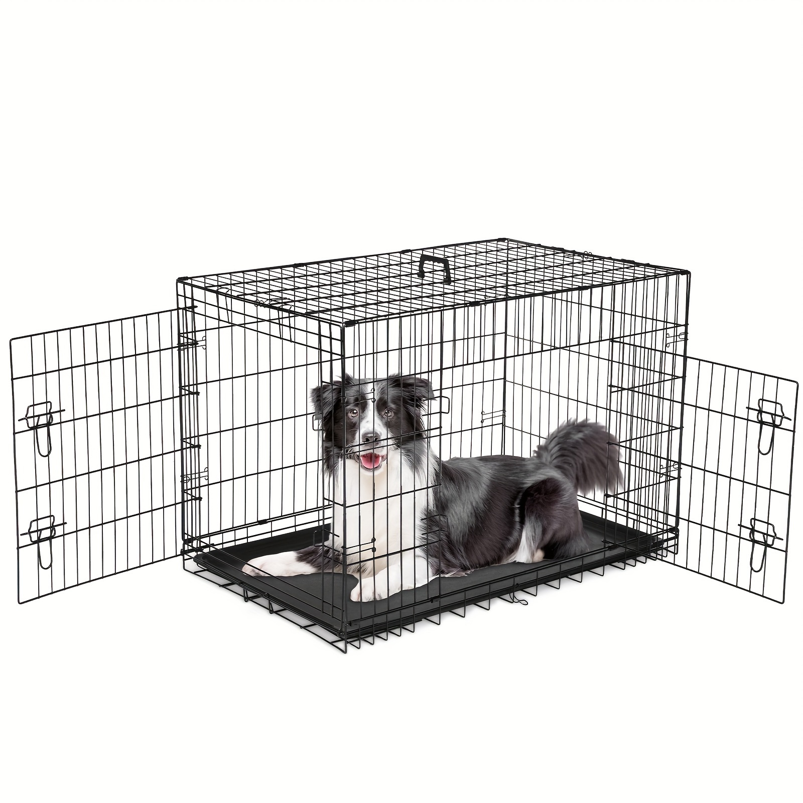 

42 Inch Dog Cage Reversible Double Sided Door, Sturdy Latch With Divider Panel And Plastic Leak-proof Pan Tray, Foldable Easy To Carry, Portable Handel Rounded Corners For Safety