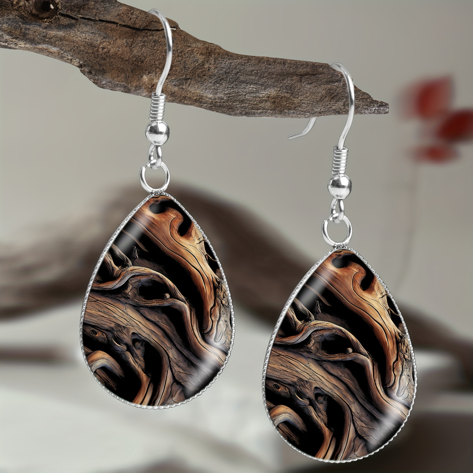 TEMU 1pair Abstract Wood Grain Pattern Steel Earrings, Natural Retro Style Men's And Women' Holiday Wear Jewelry Earrings