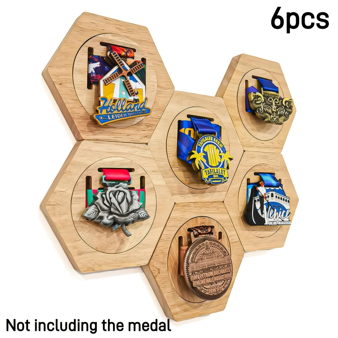 Set Of 6/2 Hexagonal Wooden Medal Display Stands, Contemporary Home Decoration, Wall-mounted Organizer, Rustic Kitchen Embellishment, No Feathers, No Electricity Needed