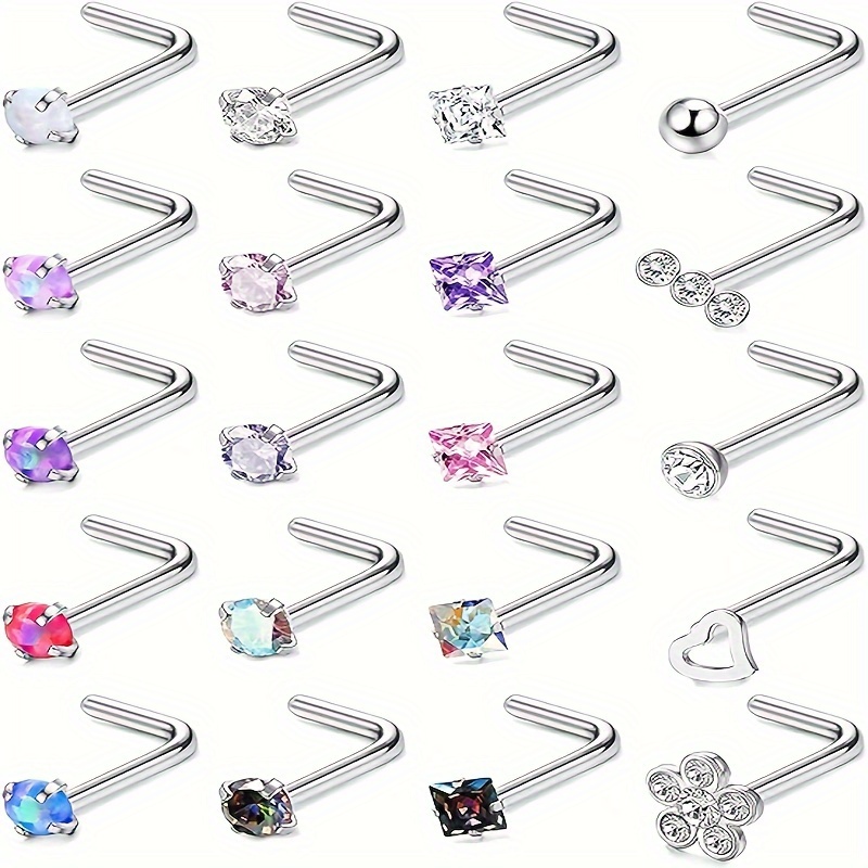 

20 Pcs Hypoallergenic 20g Nose Rings For Women Men Cubic Zirconia Stainless Steel Nose Set Labret Lip Nostril Piercing Jewelry 2mm L Shaped Straight Screw