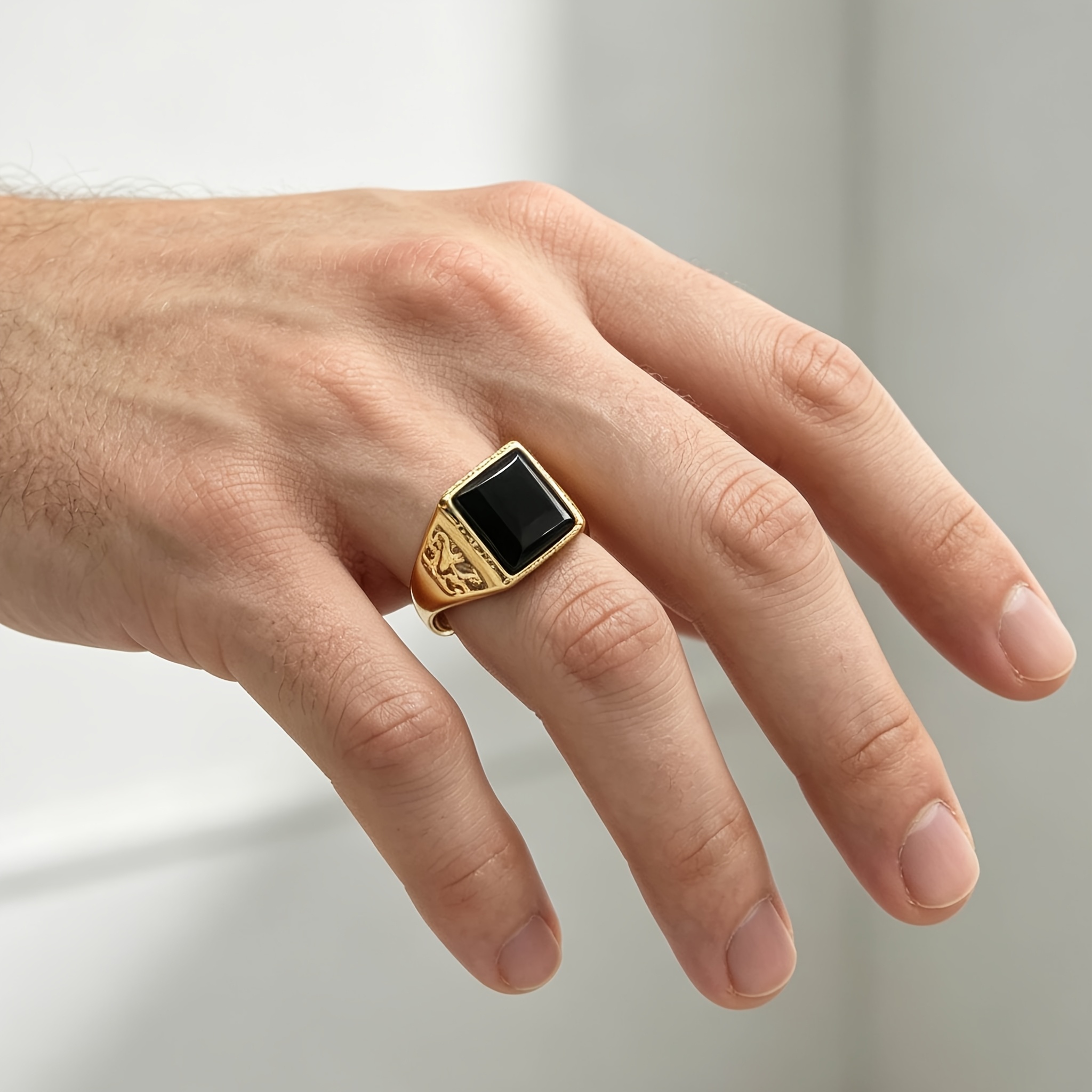 Men's Embossed Pattern Adjustable Open Band Signet Ring